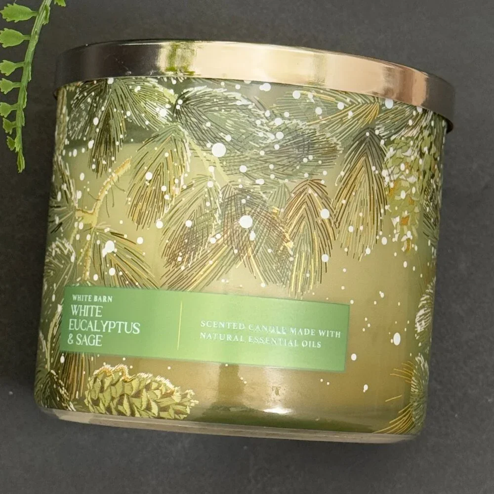 BBW White Eucalyptus & Sage White Barn Bath & Body Works 3 Wick Candle - Picture 5 of 10